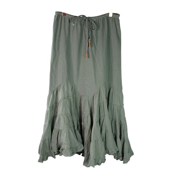 Free People Dresses & Skirts - Free People Tiered Maxi Skirt Flowy Green Beaded Drawstring Boho Grunge XS
